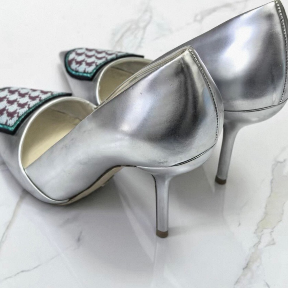 Dior Metallic Silver Heels with Patterned Toe - Picture 2 of 6